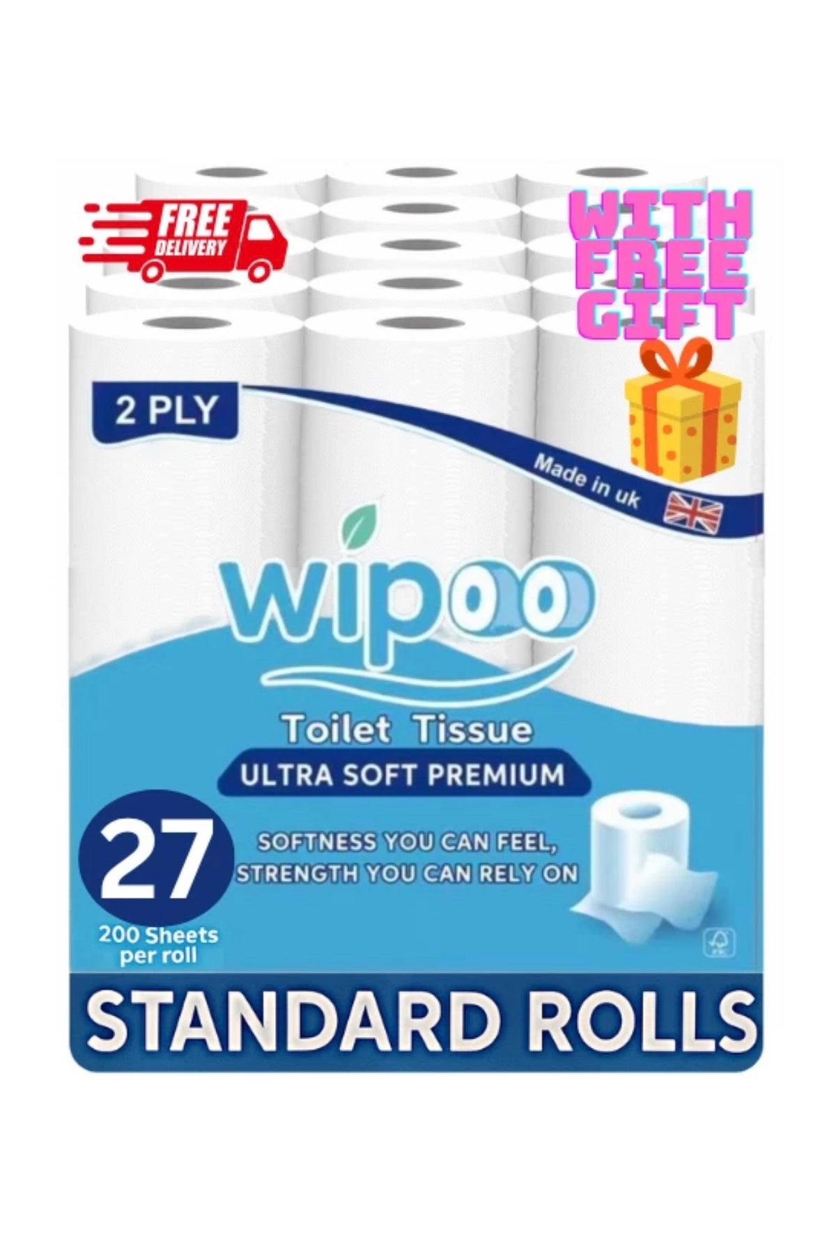 Wipoo Ultra Soft Premium Pack of 27 Toilet Rolls 2ply Soft Strong and Absorbent Toilet Rolls