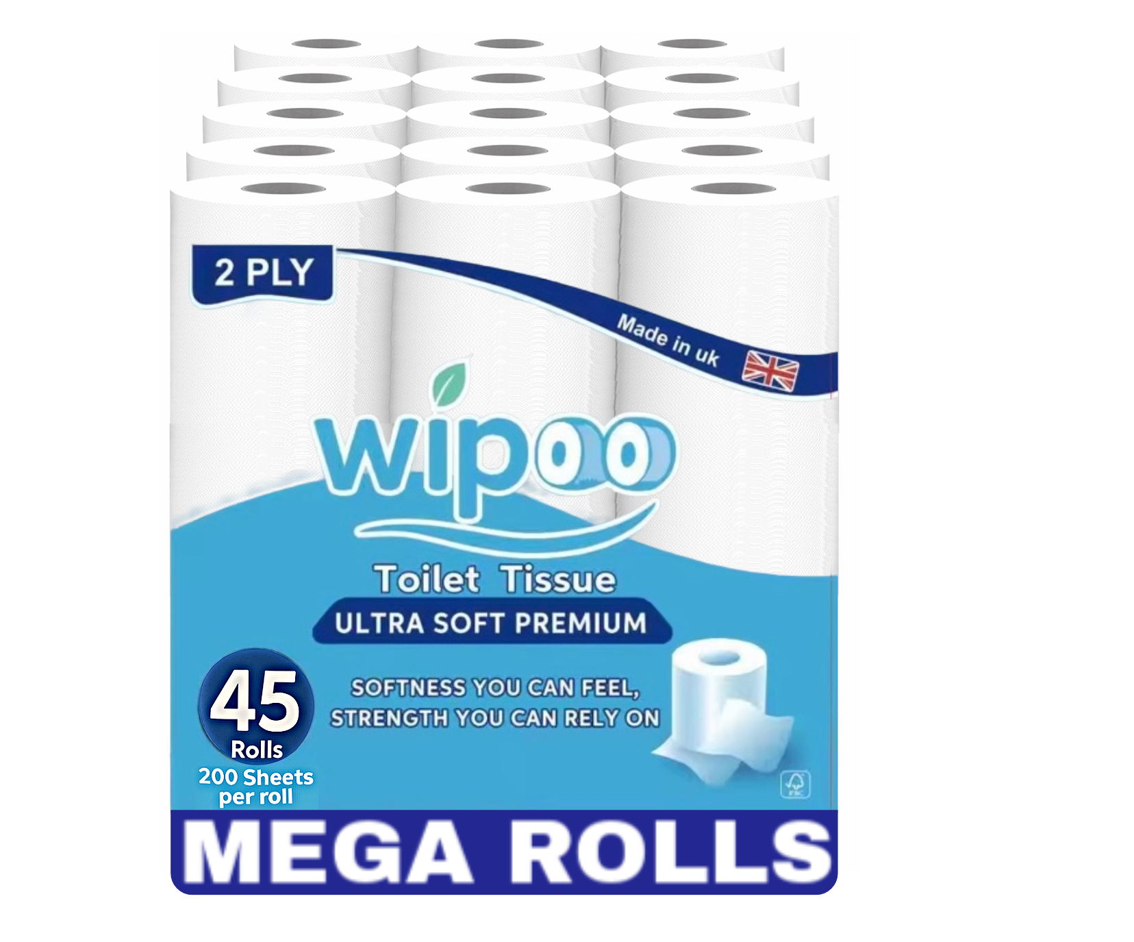 Wipoo Ultra Soft Premium Pack of 45 Toilet Rolls 2ply Soft Strong and Absorbent Toilet Rolls
