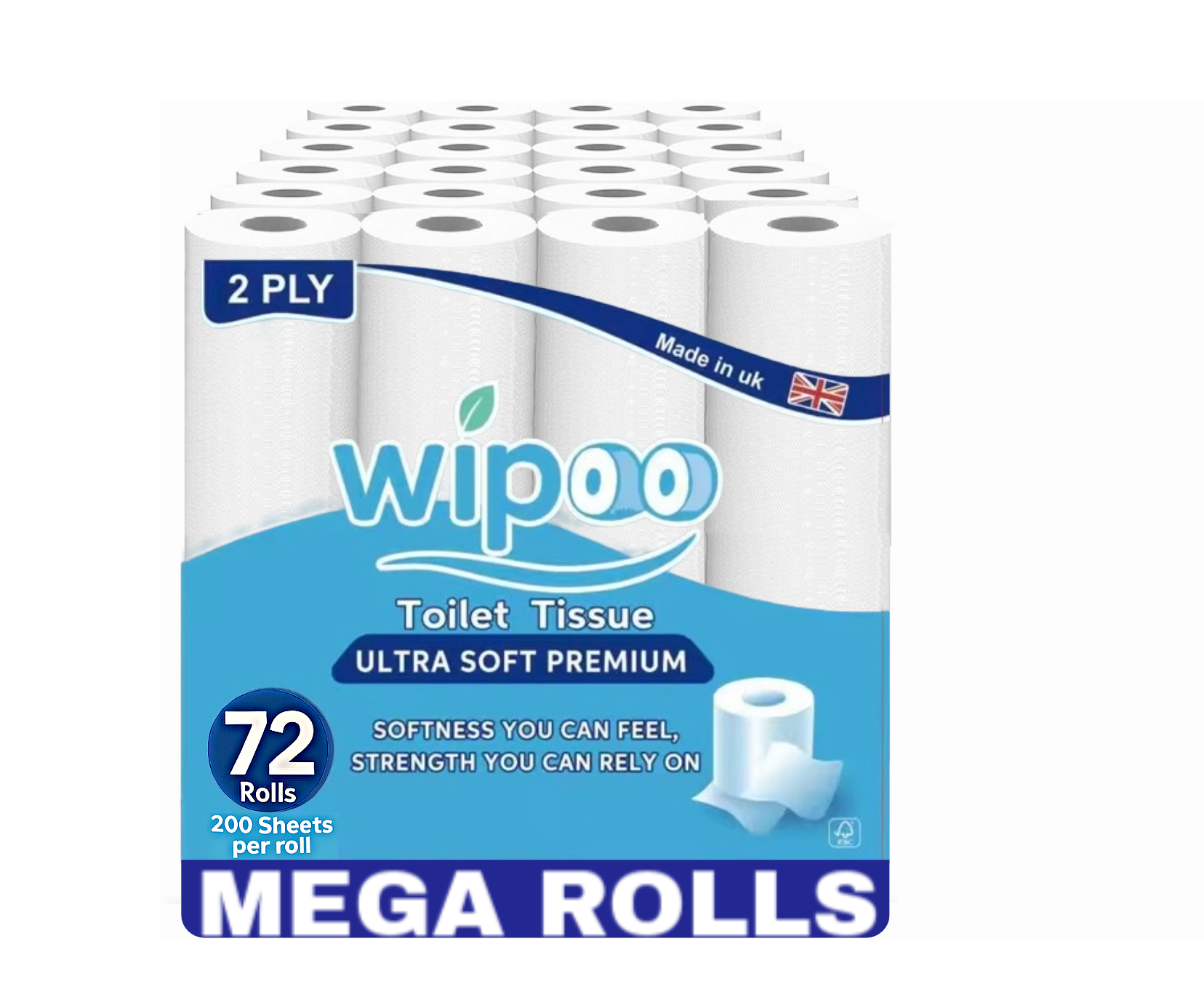 Wipoo toilet tissue packaging with 72 rolls.